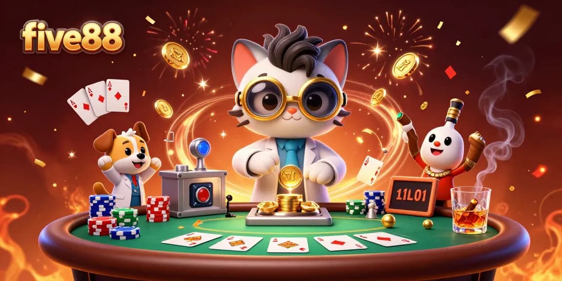 Engage with five88 in a vibrant casino scene featuring a mad scientist cat and his dog assistant.
