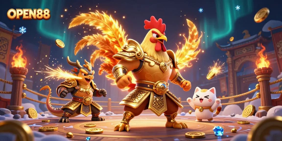Experience thrilling battles at OPEN88 with this dynamic casino illustration featuring epic characters.