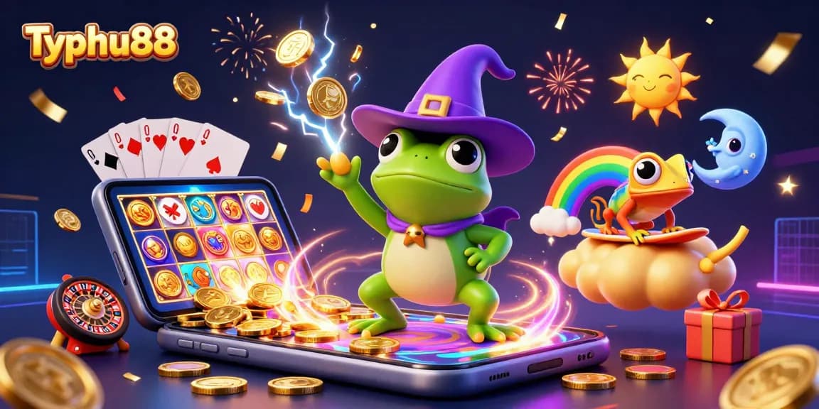 Experience the thrill with Typhu88's magical gaming scene filled with gold coins and vibrant characters!