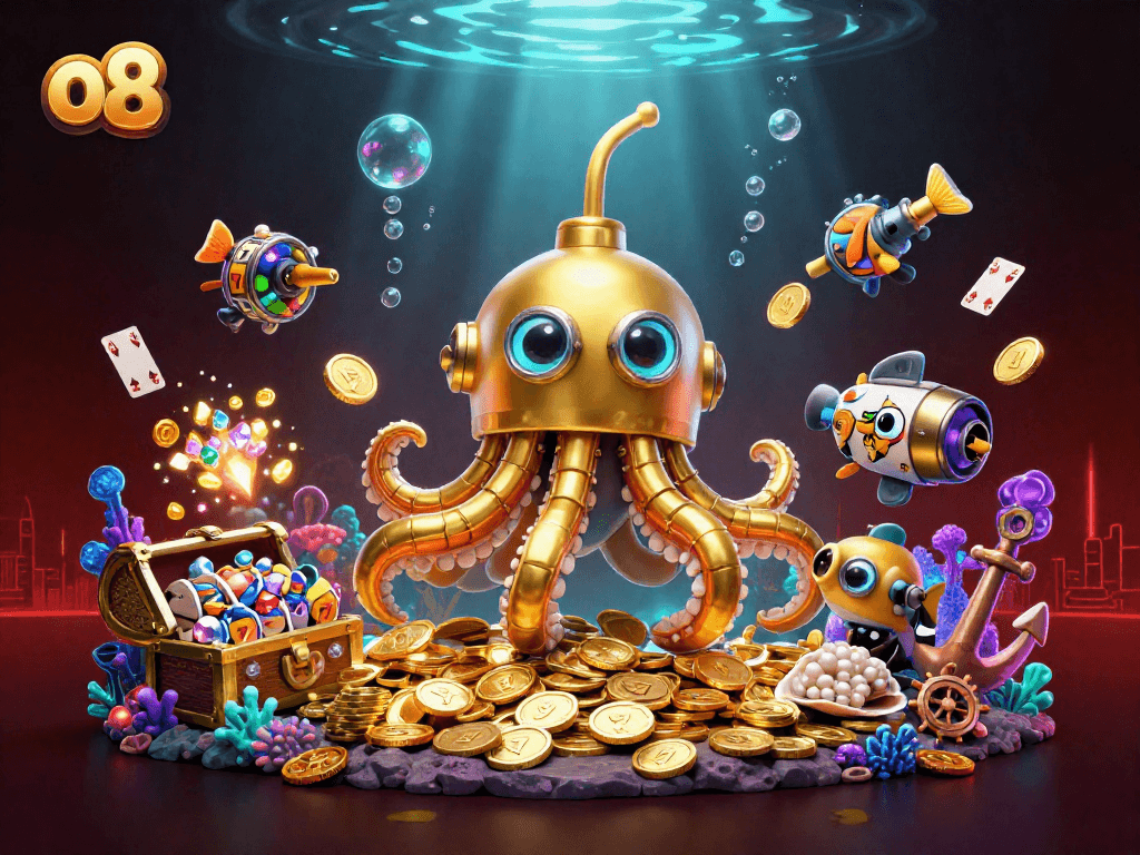 Play slot games with o8's golden kraken submarine surfacing through golden coins, exploring vibrant casino treasures.
