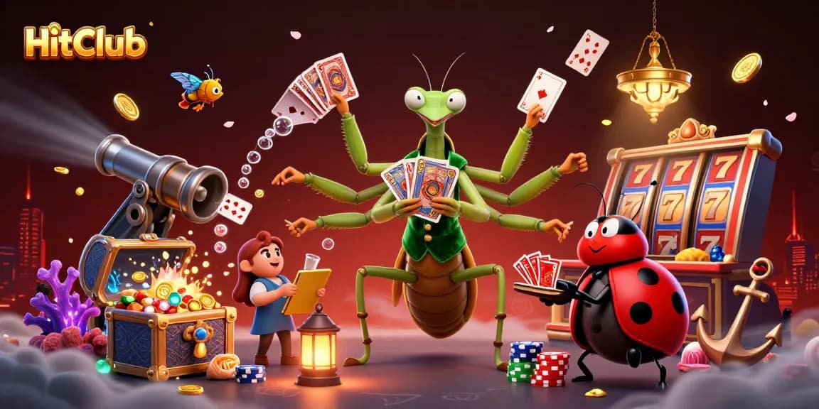 HitClub showcases a dynamic gambling scene with a giant praying mantis card sharp, ladybug pit boss, and underwater treasures.