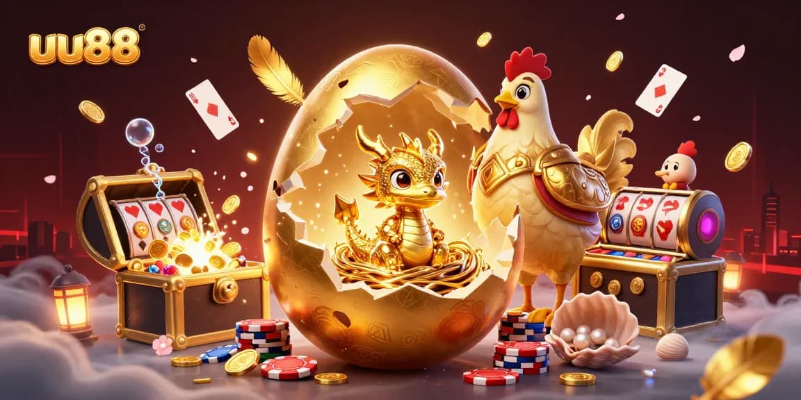 uu88 gaming experience unfolds with a sparkling baby dragon and poker chips amidst an exciting casino atmosphere.
