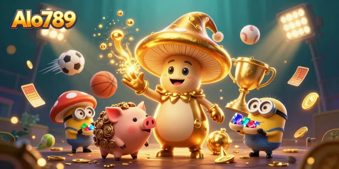 Experience the excitement of Alo789's vibrant gambling world with golden magic and dynamic sports elements.
