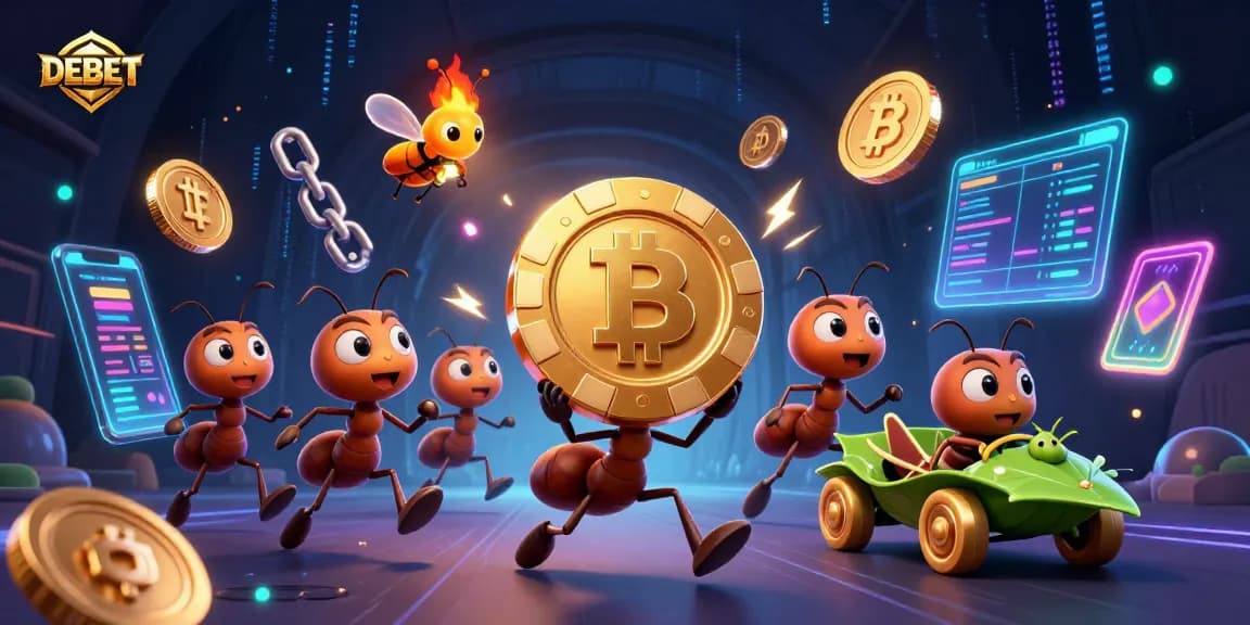 Experience the action of DEBET with cartoon ants stealing a giant poker chip in a vibrant casino heist scene.