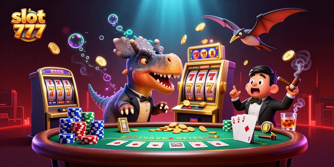 Experience thrilling jackpots at slot 777 with a playful pachycephalosaurus hitting the golden slot machine.