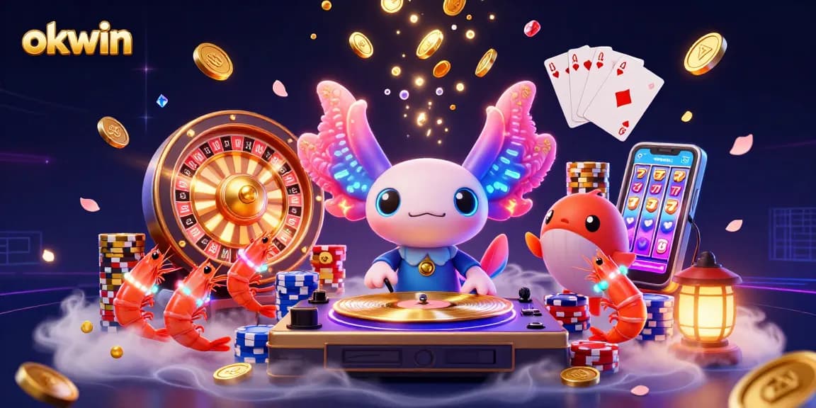 Experience thrilling gameplay at okwin with vibrant 3D casino elements featuring a DJ axolotl and engaging gaming characters.