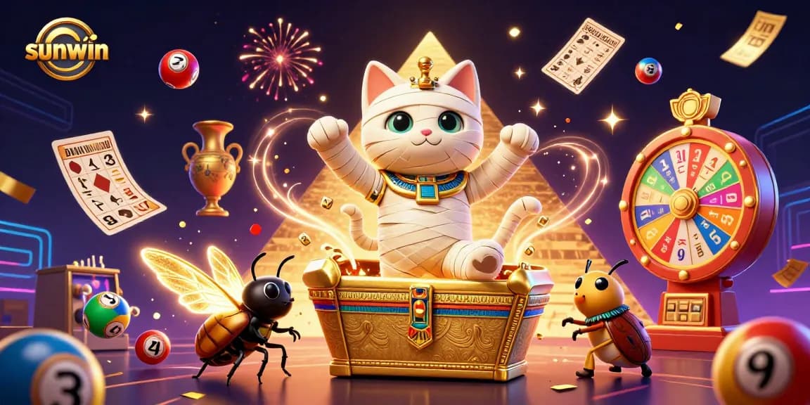 Engage with sunwin's pyramid casino excitement, featuring glowing characters, lottery balls, and festive elements.