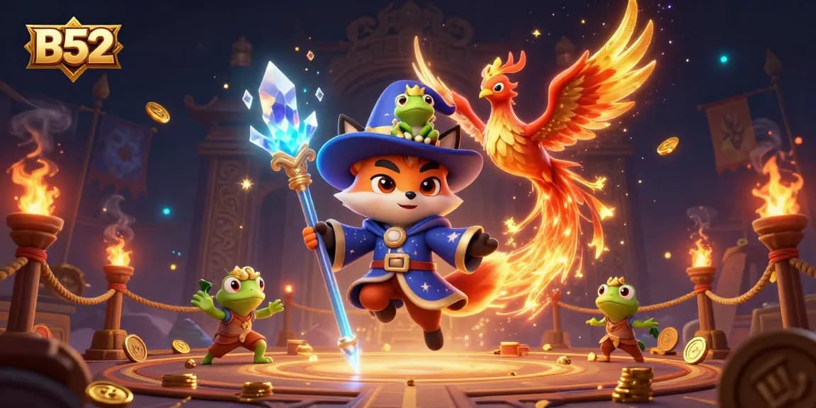 Experience thrilling B52 casino action in a vibrant, magical setting filled with dynamic characters.