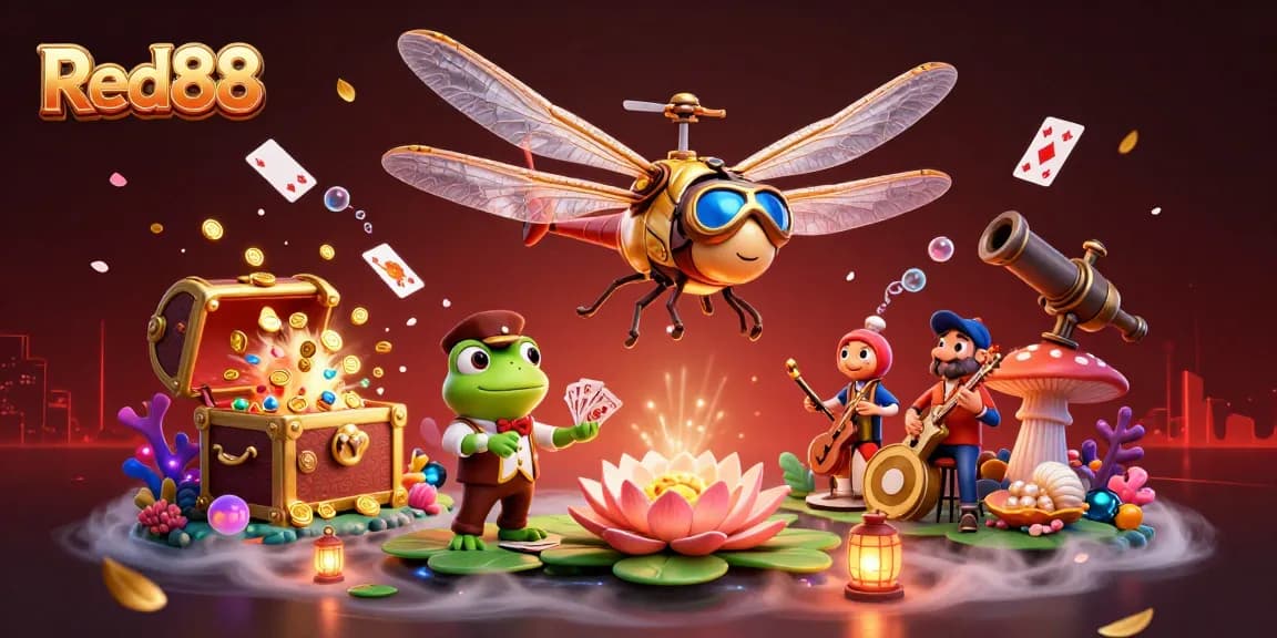 Experience the thrill of Red88 with vibrant characters at the lily pad casino, showcasing dynamic gaming action.