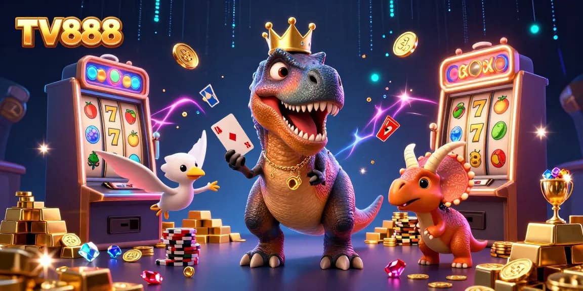 Engage with TV888's thrilling slot experience featuring a T-Rex shuffling cards alongside vibrant casino elements.