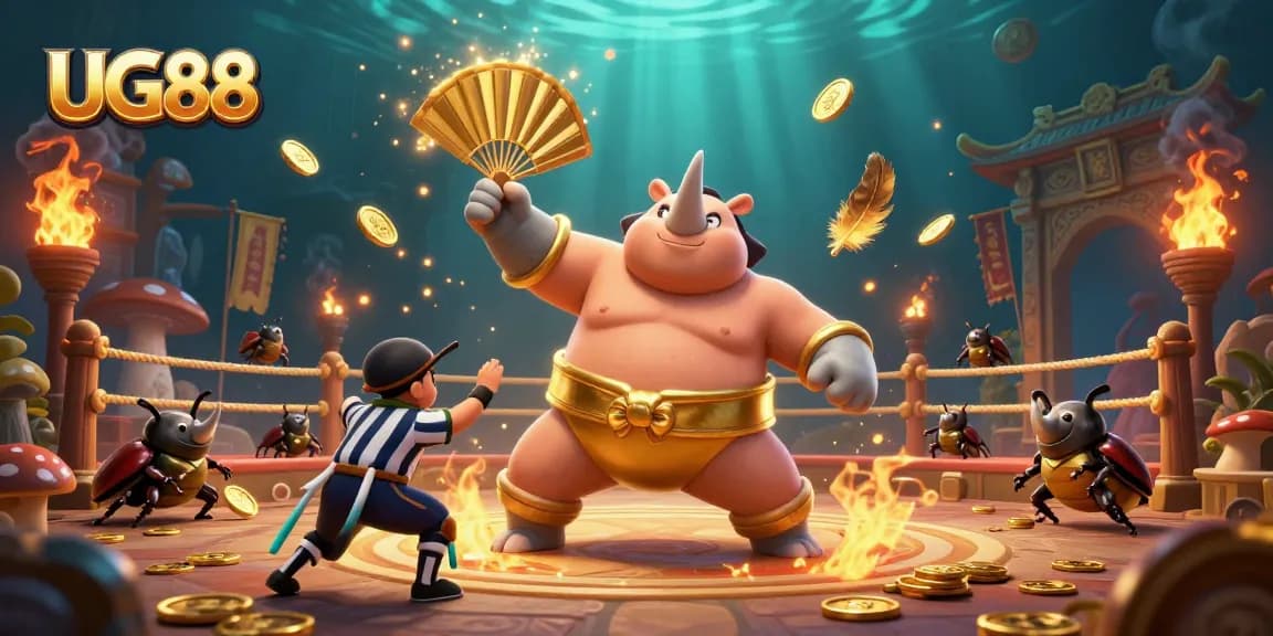 Experience thrilling gameplay at UG88 with a sumo beetle stomping gold coins across an epic arena.