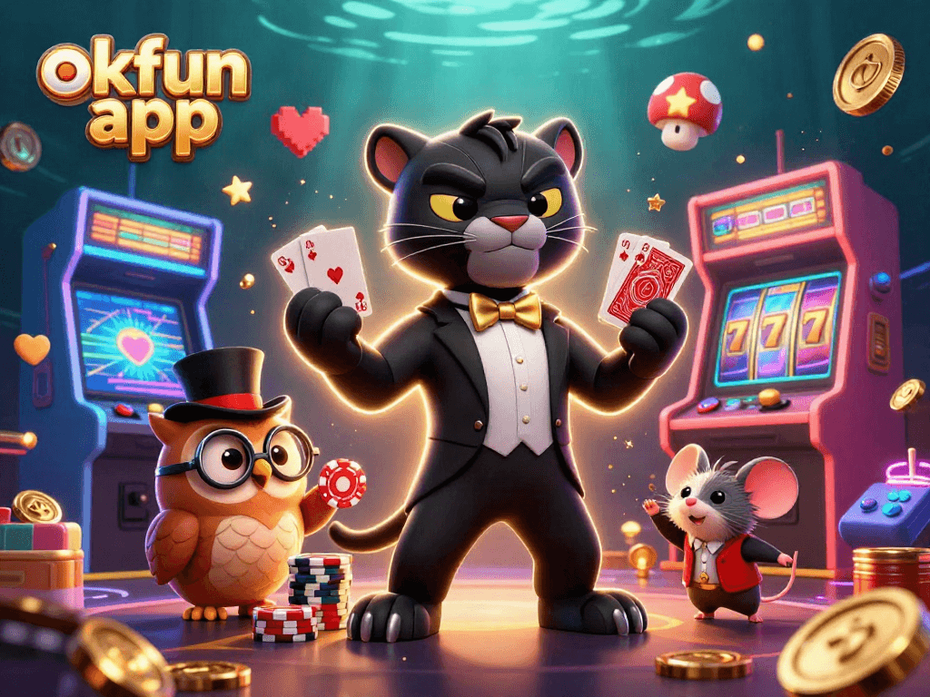 The okfun app brings excitement with a stylish panther dealer and casino elements in a vibrant 3D scene.