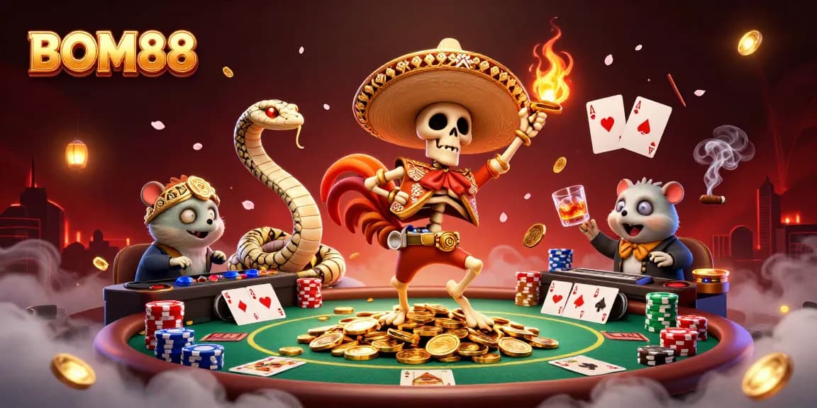 BOM88 showcases thrilling gaming with a colorful, energetic scene featuring vibrant characters celebrating wins in a dynamic casino environment.
