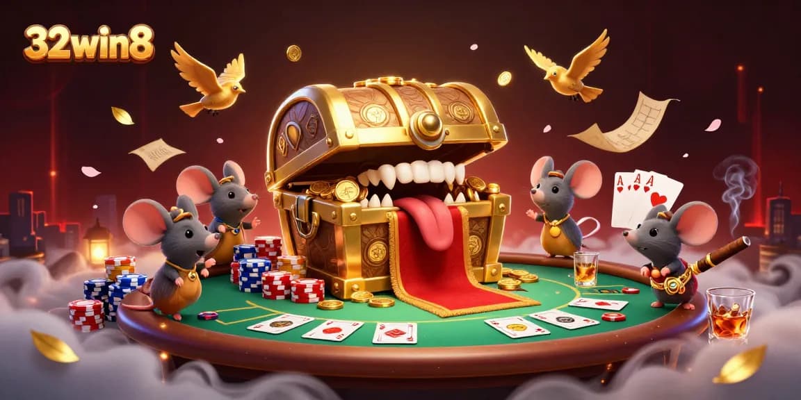 Experience thrilling wins at 32win8 with treasure chests, poker chips, and more in a vibrant casino scene.
