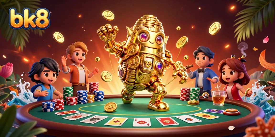 Experience thrilling action at bk8 with captivating 3D illustration of a golden golem surrounded by a lively poker scene.