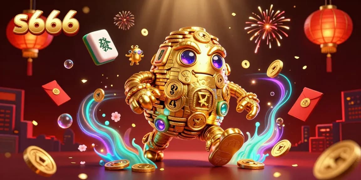 Immerse in the exciting world of s666 with a vibrant 3D casino scene featuring a golden golem and lively gaming elements.