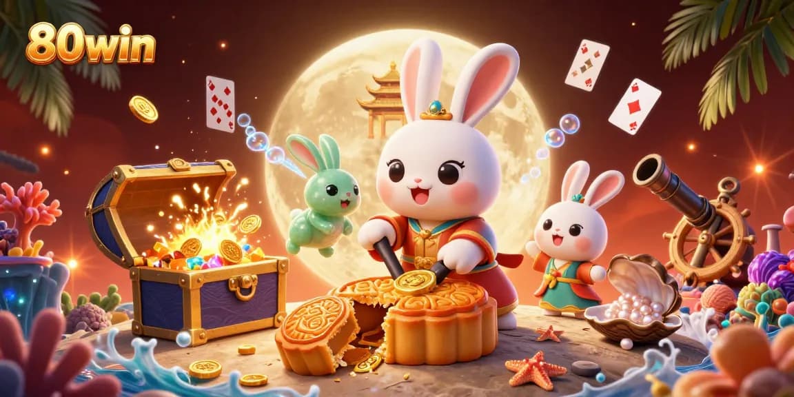 Place bets at 80win while a moon rabbit pounds mooncakes revealing poker chips, encapsulating casino excitement.