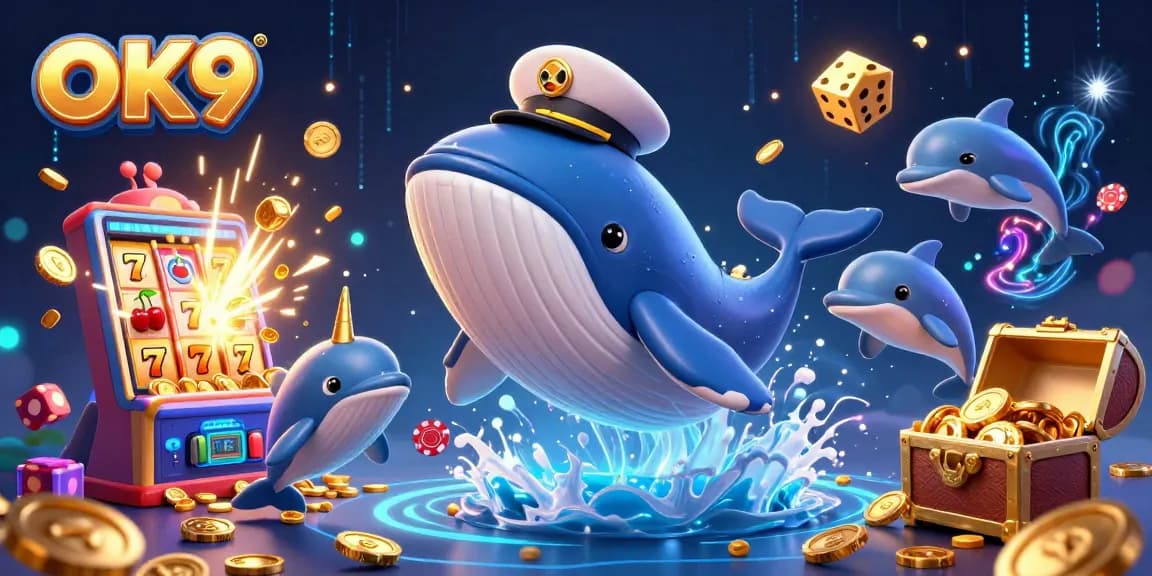 Betting with OK9 as a whale captain breaches through coins amidst stunning casino visuals.