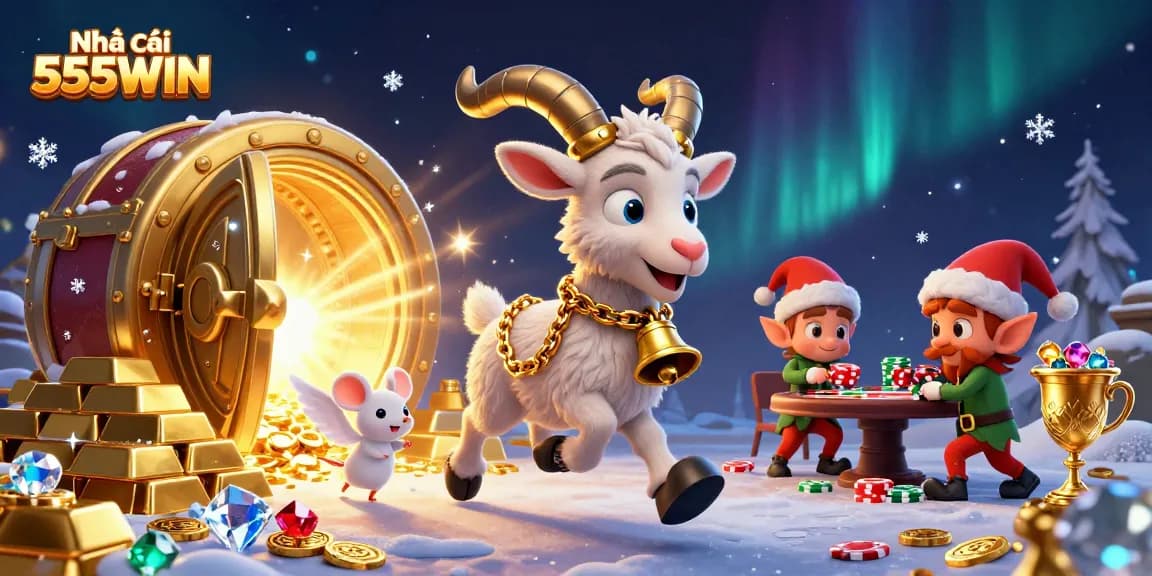 Engage in the thrill of Nhà cái 555WIN with various casino elements and characters in a festive scene.