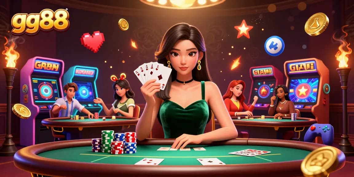 Experience excitement with gg88 at a lively poker table featuring a confident Asian woman.