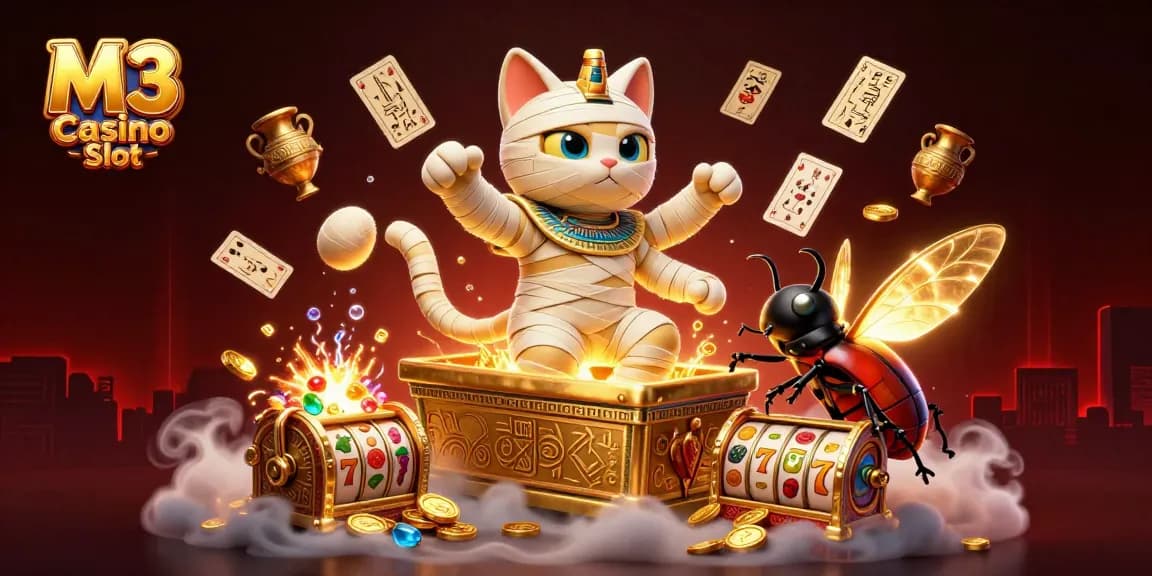 Experience M3 Casino Slot with Egyptian mummy cat, golden sarcophagus, and glowing elements in captivating casino scene.