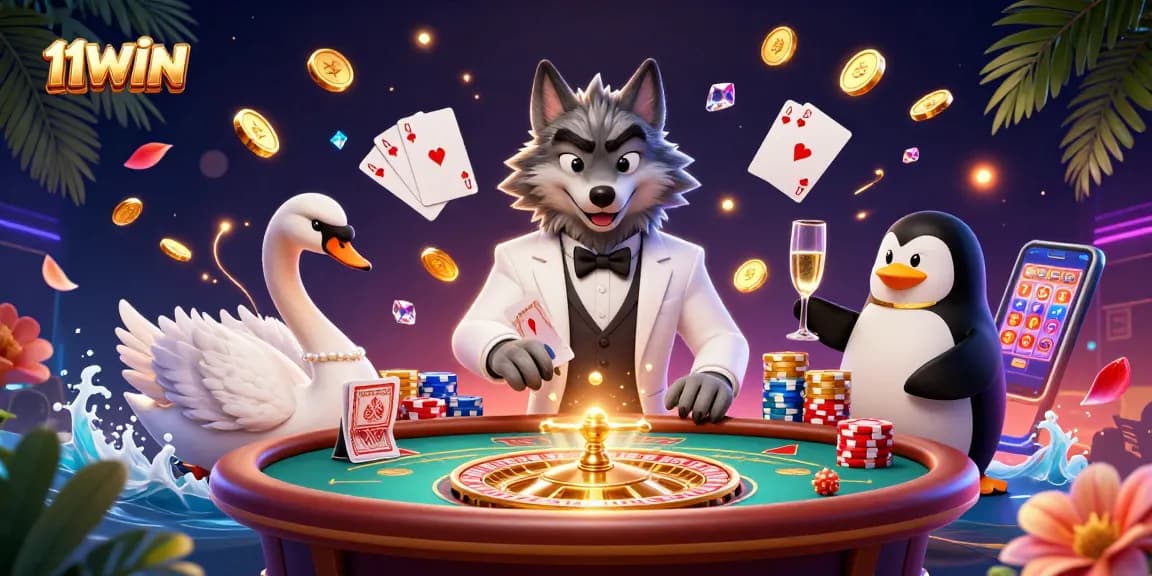 Experience 11WIN: Enjoy vibrant casino gaming with animated characters dealing cards and celebrating victories.