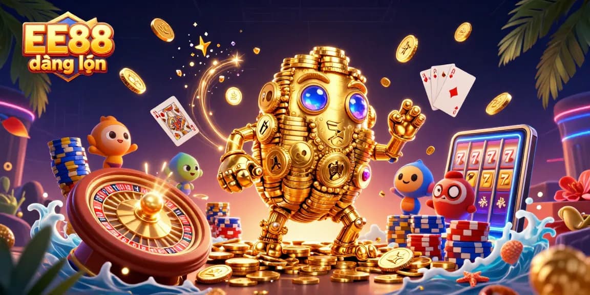 Experience the thrill of gaming at EE88 đăng nhập with a vibrant 3D casino illustration showcasing golden treasures and gaming elements.