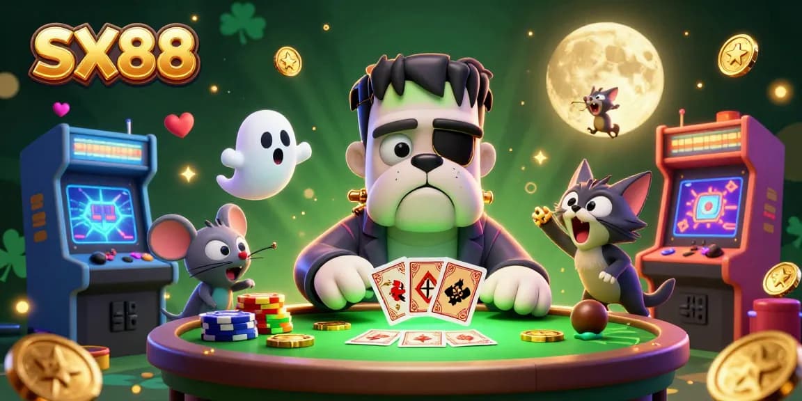 SX88 delivers thrilling gaming experiences with a unique illustration of a Frankenstein bulldog dealer and gaming elements.