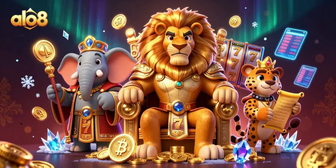 Play exciting games at alo8, featuring a lion king on a throne of coins and jackpot elements.
