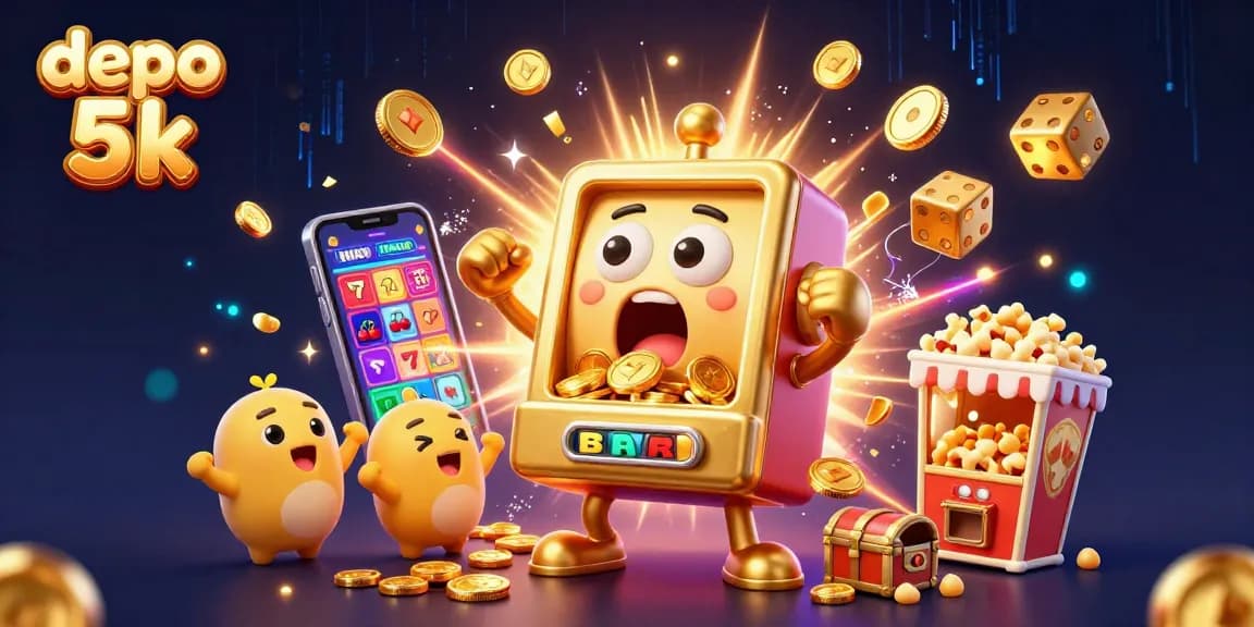 Experience the excitement of depo 5k slots with a golden slot machine hitting the jackpot amidst flying coins and festive elements.