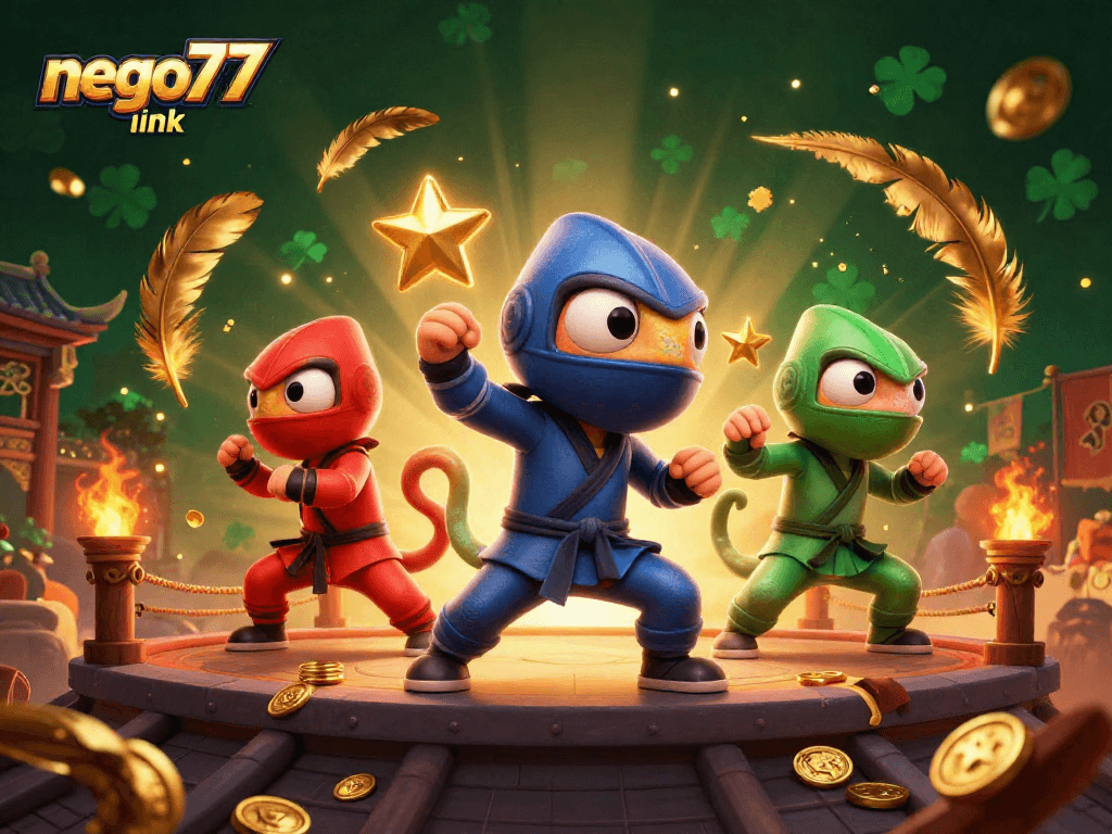Battle in style with nego77 link, showcasing chameleon ninjas amidst casino elements.