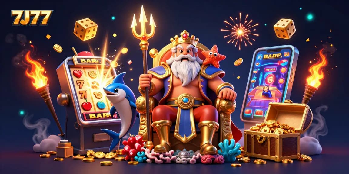 Unleash the excitement of 7J77 with Neptune and jackpot winnings in a vibrant casino scene.