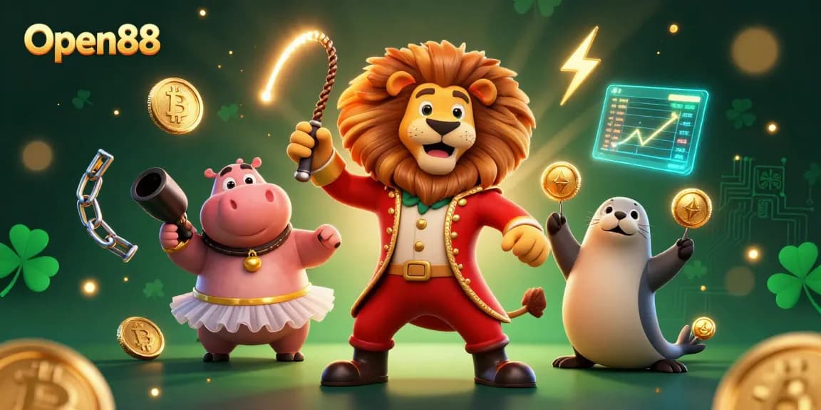 Experience the thrill of Open88 with a vibrant 3D circus scene showcasing animated characters and crypto elements.