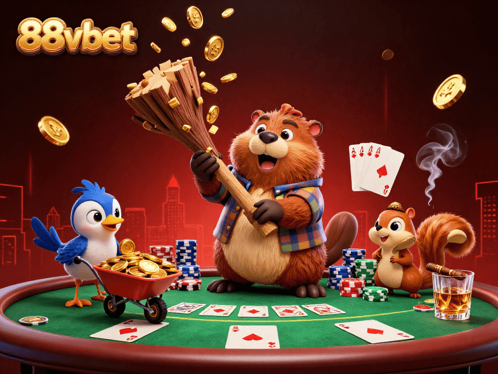 Engage with the 88vbet cartoon scene of a beaver winning golden coins in a dynamic online casino atmosphere.