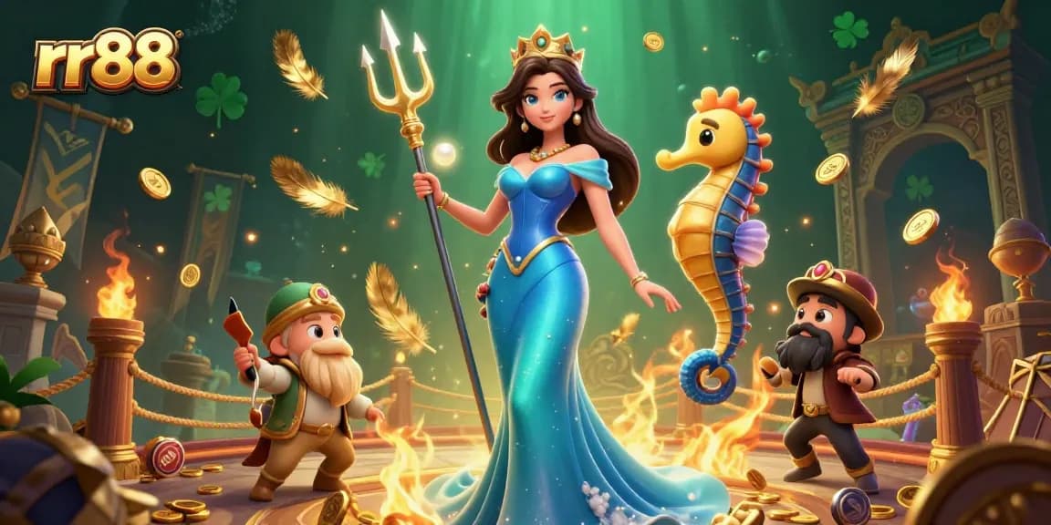 Experience the excitement of rr88 with a vibrant underwater casino scene, featuring a dazzling woman and seahorse king.