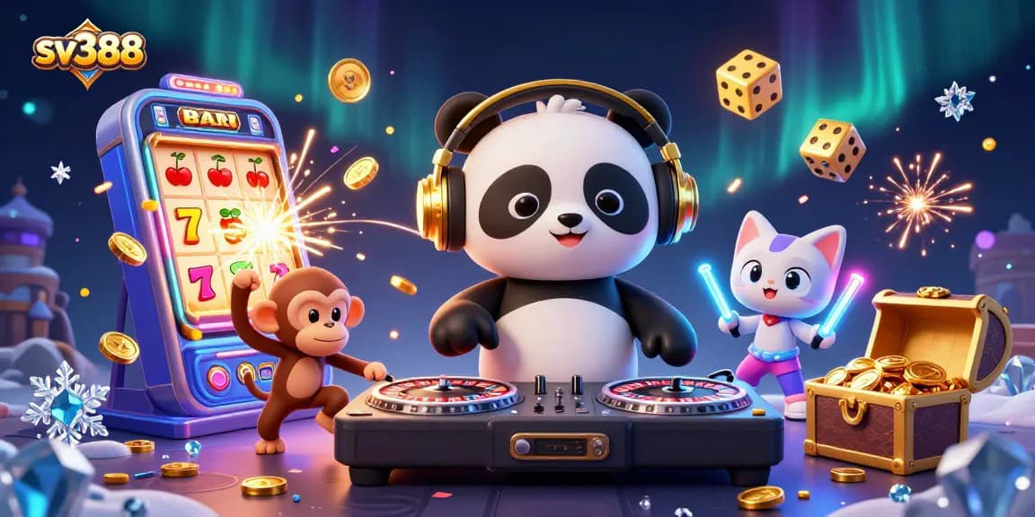 Experience thrilling sv388 action with a DJ panda and lively characters at an online casino party.