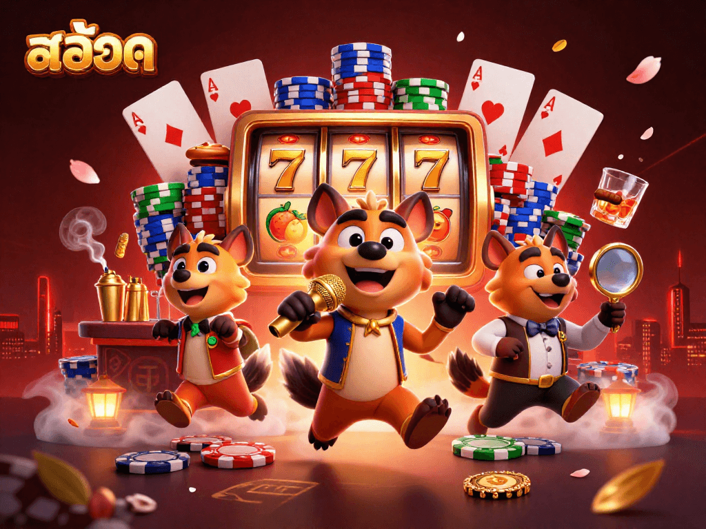 Engage with สล็อต in a vibrant casino scene featuring animated hyenas.