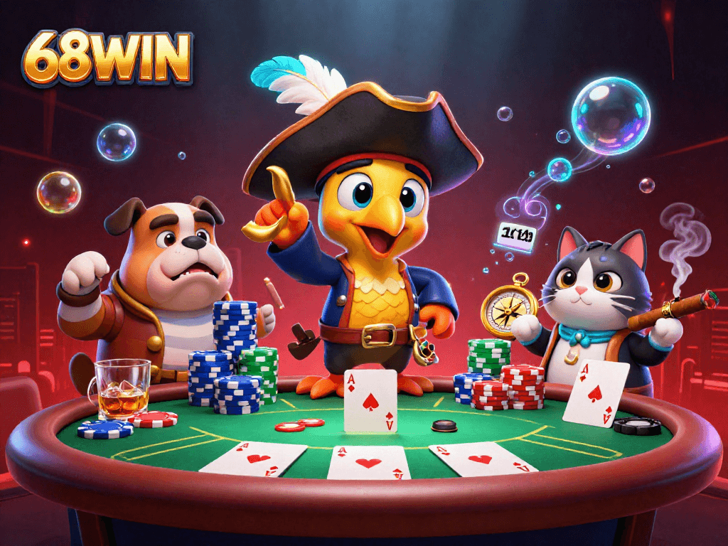Engage in thrilling adventures at 68WIN with vibrant casino elements featuring a pirate crew and poker action.