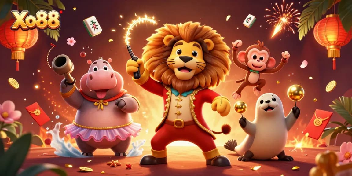 Xo88 brings a vibrant casino atmosphere with festive characters, celebrating big wins and excitement.