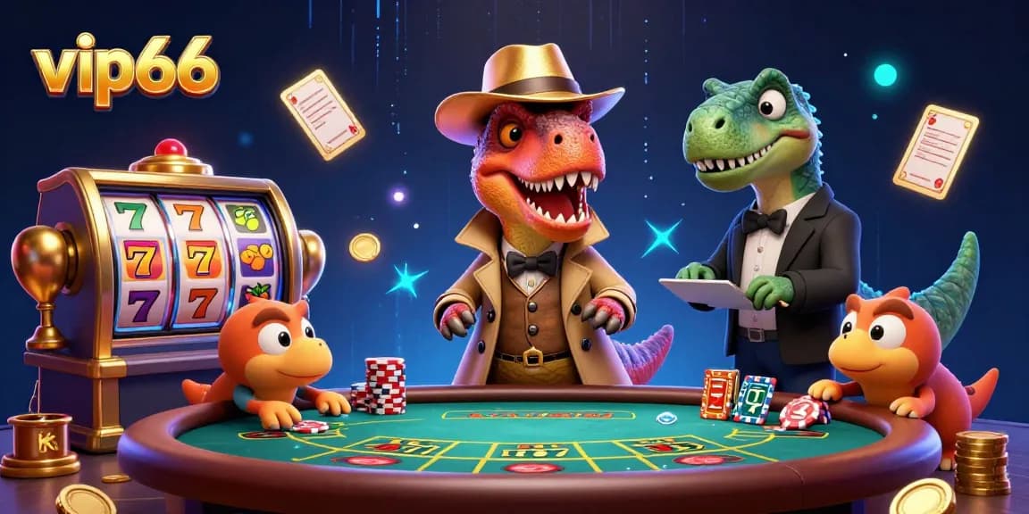 Experience high-stakes action with vip66 as a velociraptor counts cards at a bustling casino