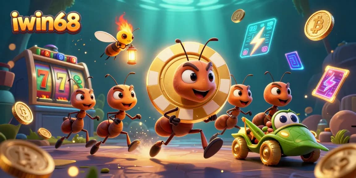 iwin68 features ants on a heist with a golden poker chip in a lively casino scene
