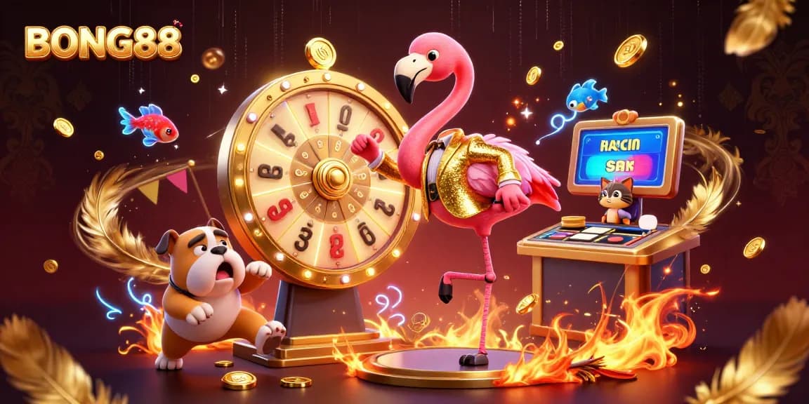 Engage with BONG88's thrilling gaming experience featuring a vibrant 3D scene of excitement and prizes.