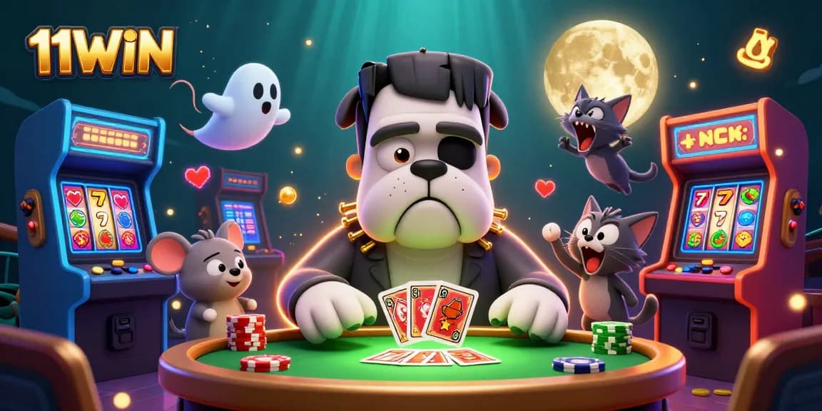Join the exciting session with 11WIN's Frankenstein bulldog dealer amidst a lively casino ambiance.