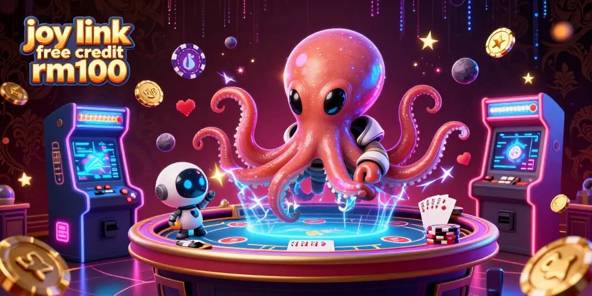 Play poker like never before with joy link free credit rm100, featuring a vibrant scene of an alien octopus and casino elements.