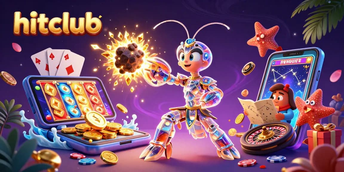 Experience excitement with hitclub, featuring a galactic samurai and gold coins amidst a vibrant casino scene.