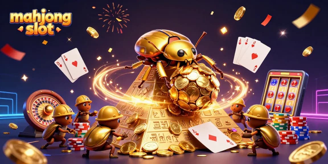 Experience exhilarating action with mahjong slot featuring golden beetles and casino symbols.
