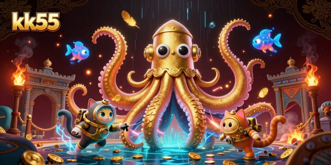 Experience thrill with kk55's colossal kraken and vintage diving cat amidst vibrant casino elements.