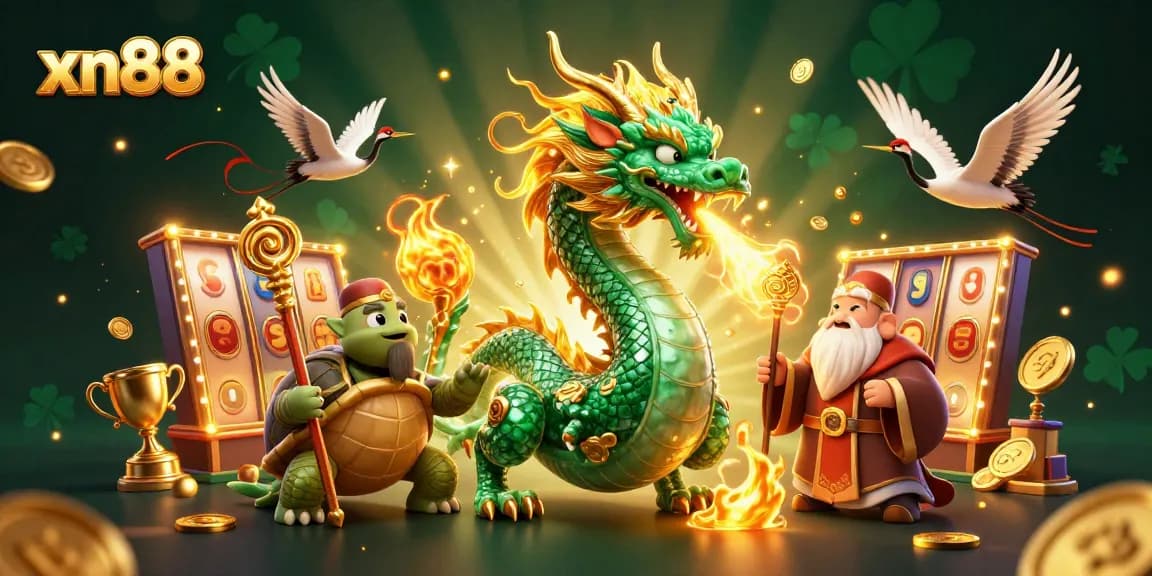 Experience thrilling gameplay at xn88 with a jade dragon and lucky cranes in this vibrant casino-themed illustration.