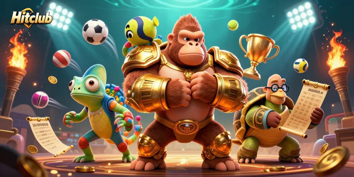 Hitclub showcases a powerful gorilla king and colorful chameleon amidst dynamic sports betting elements.