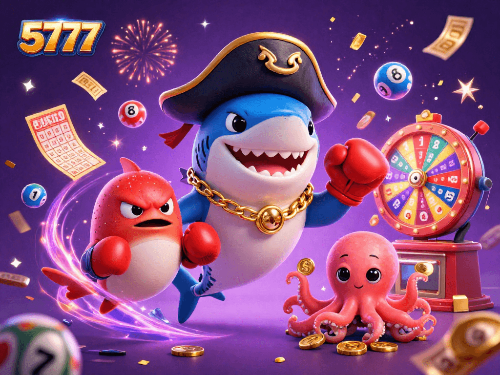 Join the excitement with 5777 as players engage in thrilling lottery action amidst colorful vibrant elements!